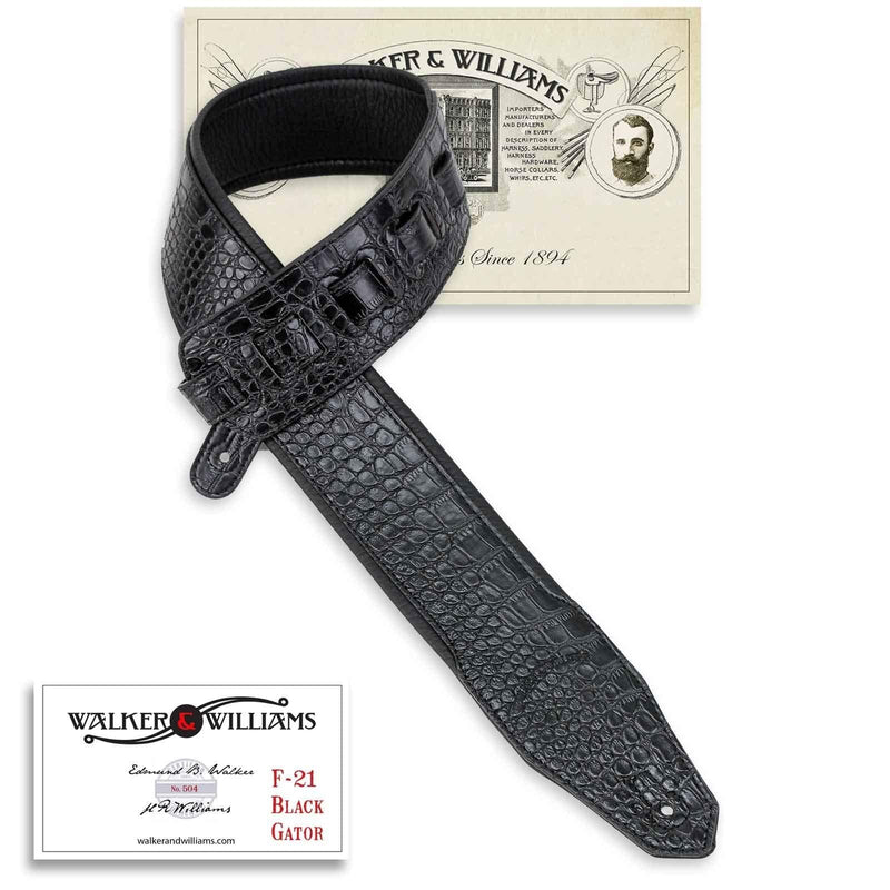 Walker & Williams F-21 Extra Wide Black Gator Strap With Padded Glove Leather Back