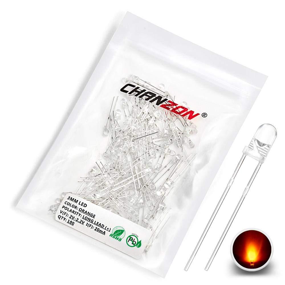 Chanzon 100 pcs 3mm Orange LED Diode Lights (Clear Round Transparent DC 2V 20mA) Bright Lighting Bulb Lamps Electronics Components Indicator Light Emitting Diodes H) Orange (100pcs)