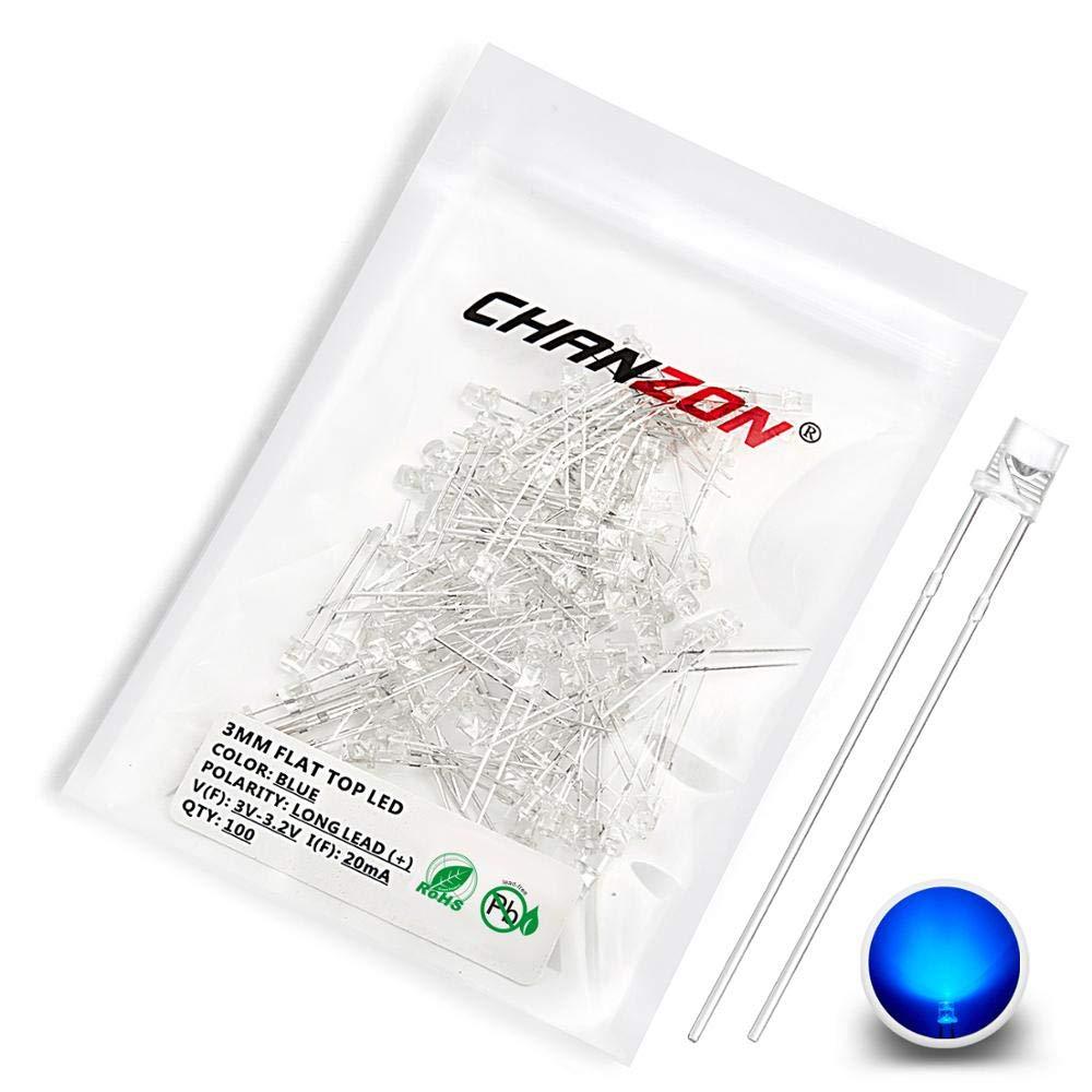 Chanzon 100 pcs 3mm Blue LED Diode Lights (Clear Flat Transparent DC 3V 20mA) Bright Lighting Bulb Lamps Electronics Components Indicator Light Emitting Diodes D) Blue (100pcs)