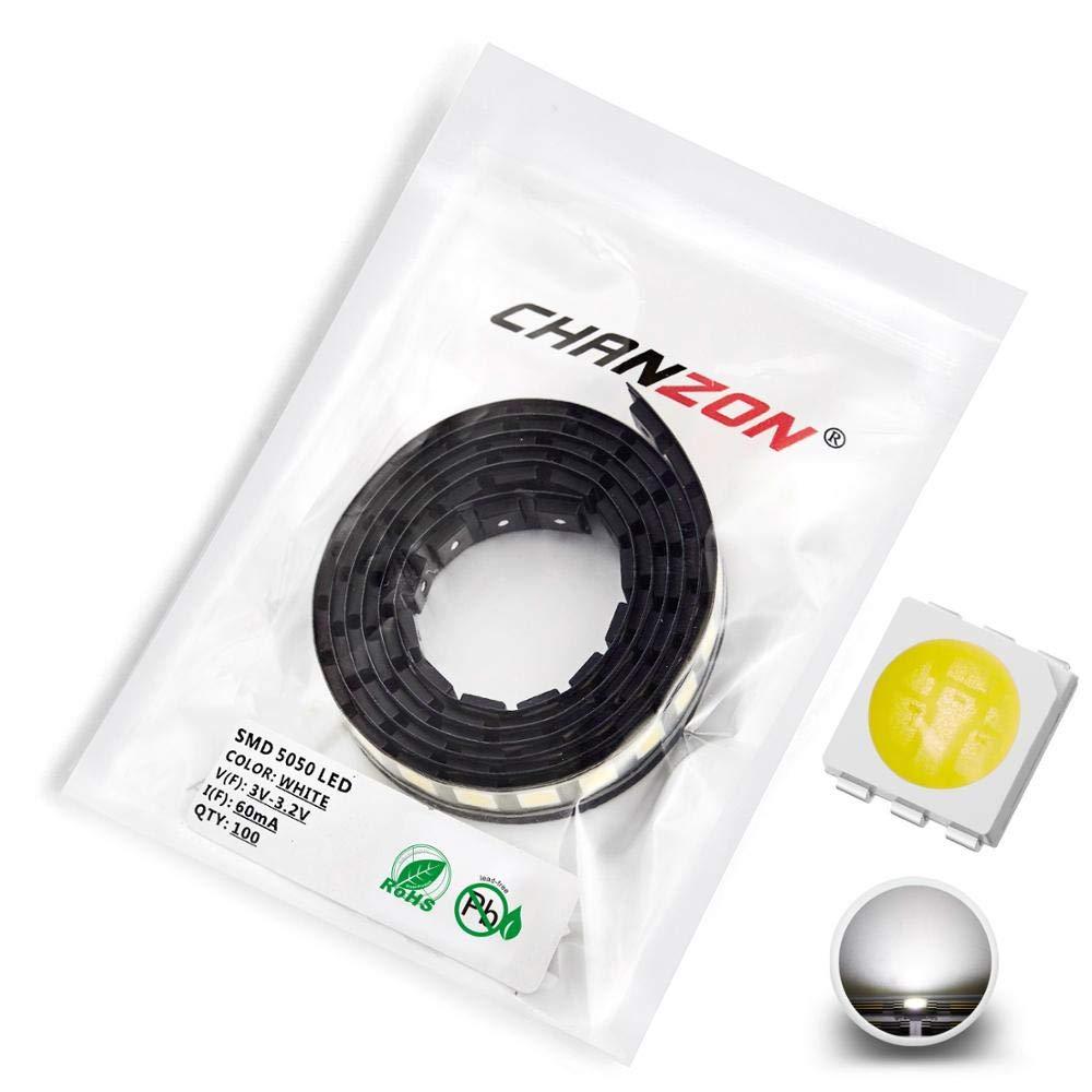 Chanzon 100 pcs 5050 White 6000K SMD LED Diode Lights (Surface Mount 5mm x 5 mm 3 Chips/LED PLCC 6 pins 60mA 15-18LM) Super Bright Lighting Bulb Lamps Electronics Components Light Emitting Diodes A) White (100pcs)