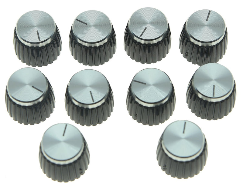 KAISH 10pcs Guitar AMP Amplifier Push on fit Knobs Black with Silver Aluminum Cap Top for Marshall Amplifiers with 6mm diameter Pots Black with Silver Cap