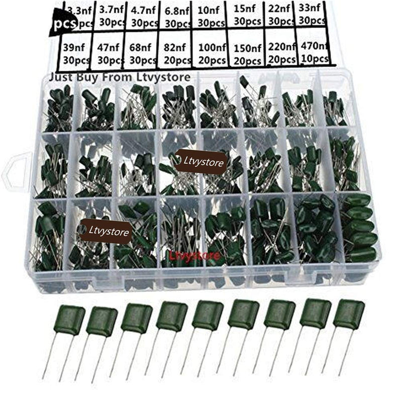 Capacitor Kit, Metalized Mylar Polyester Film Capacitor Assorted Assortment Box Kit Set 100V - Through Hole Capacitors, Range 0.22NF- 470NF, Pack of 660 Ltvystore