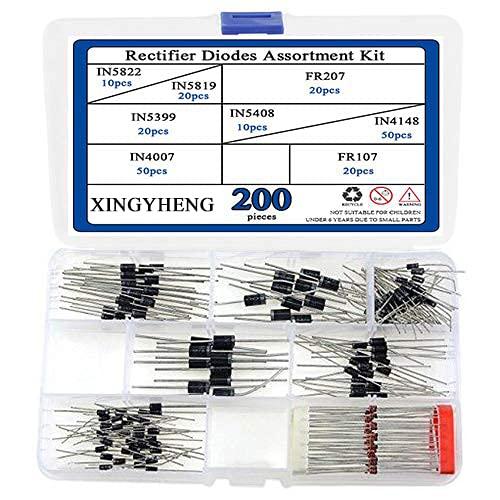 XINGYHENG 200Pcs 8 Values Rectifier Diodes Assortment Kit 1N4148 1N4007 1N5819 1N5399 FR107 FR207 1N5408 1N5822