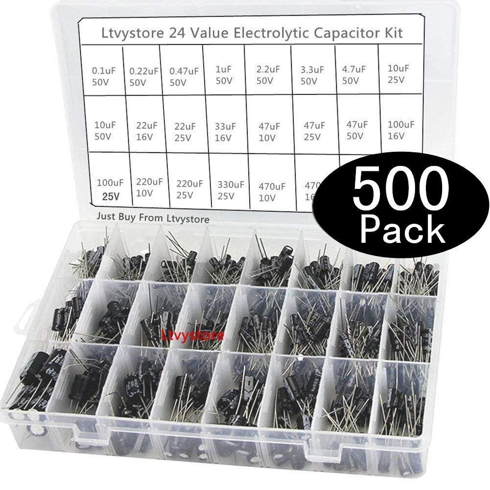 Electrolytic Capacitors Kit, Aluminum Radial Leads Capacitor Assorted Assortment Box Kit Set of 500-16V 25V 50V Capacitor, Range 0.1uF-1000uF, by Ltvystore