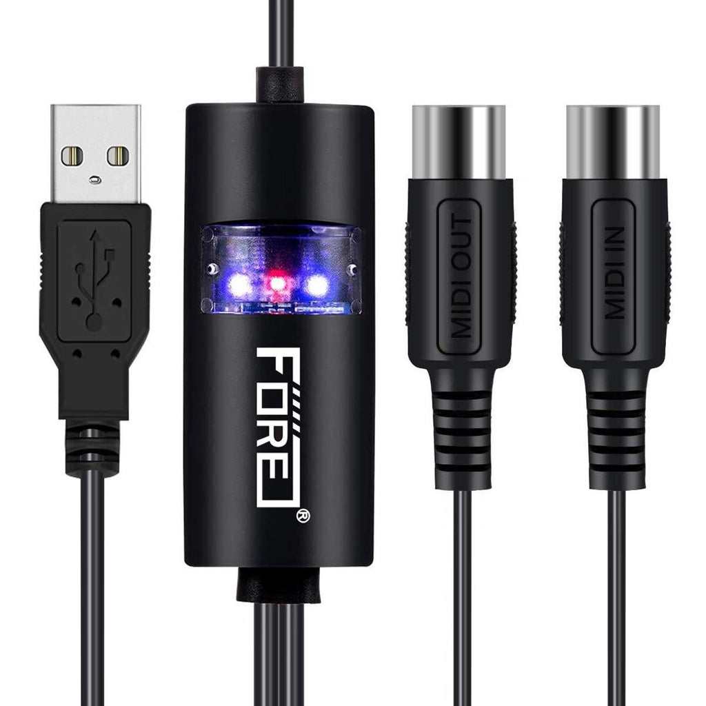 FORE MIDI to USB Interface MIDI Cable Adapter with Input&Output Connecting with Keyboard/Synthesizer for Editing&Recording Track Work with Windows/Mac OS for Studio USB 2.0 Color Black - 6.5Ft