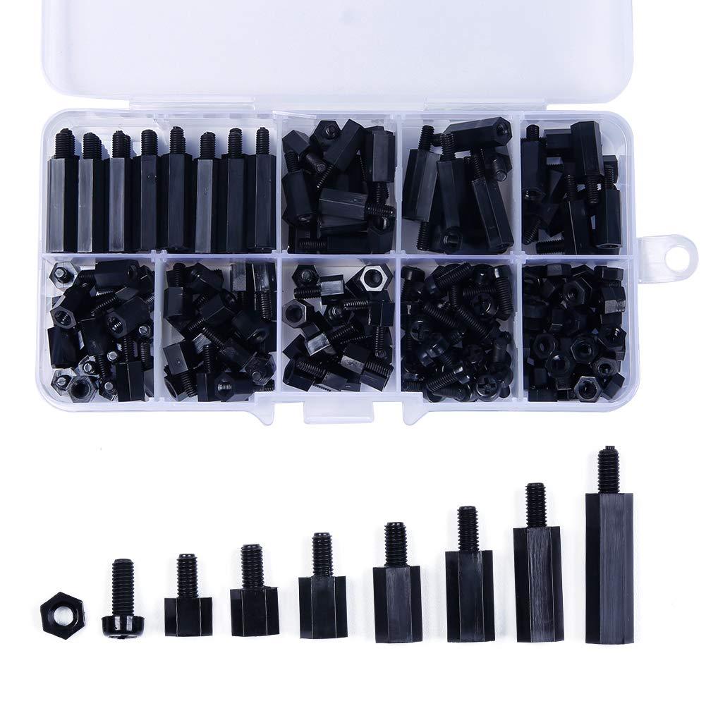 iFlight 220pcs M3 Nylon Black Hex Screw Nut Circuit Spacer PCB Board Pillars Standoff Assorted Kit with Detachable Plastic Box for RC Model Building