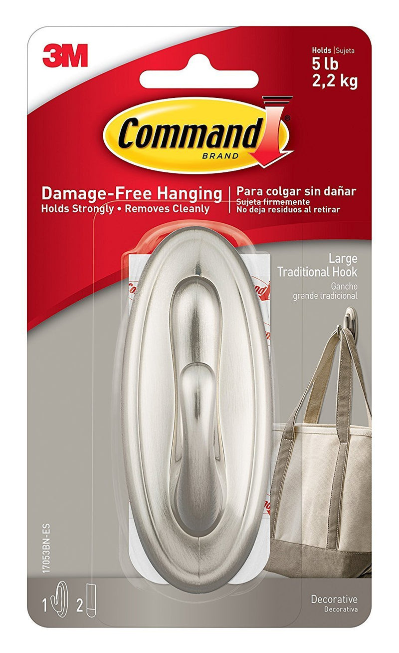 Command Traditional Large Plastic Hooks, Brushed Nickel, 3-Hook 3 Hooks
