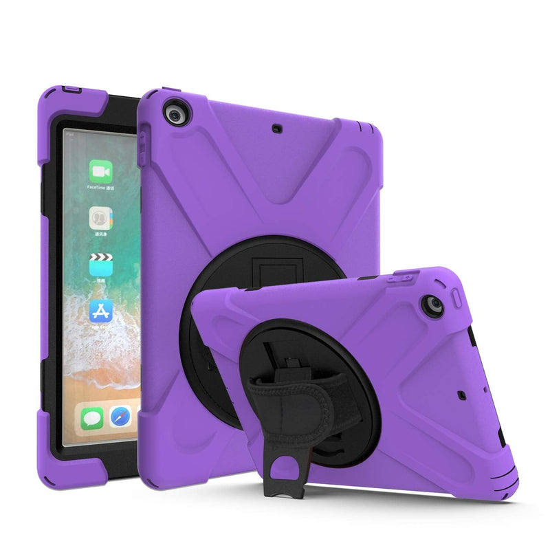 KIQ iPad 9.7 5th 6th Gen Case, Heavy Duty, Shockproof, Stand, Handstrap, Carrying Strap, Screen Protector Cover for Apple iPad 5th 2017, 6th 2018 Generation (Shield Purple) Shield Purple