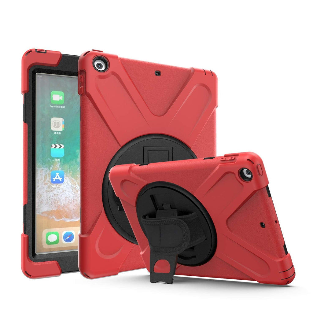 KIQ iPad 9.7 5th 6th Gen Case, Heavy Duty, Shockproof, Stand, Handstrap, Carrying Strap, Screen Protector Cover for Apple iPad 5th 2017, 6th 2018 Generation (Shield Red) Shield Red