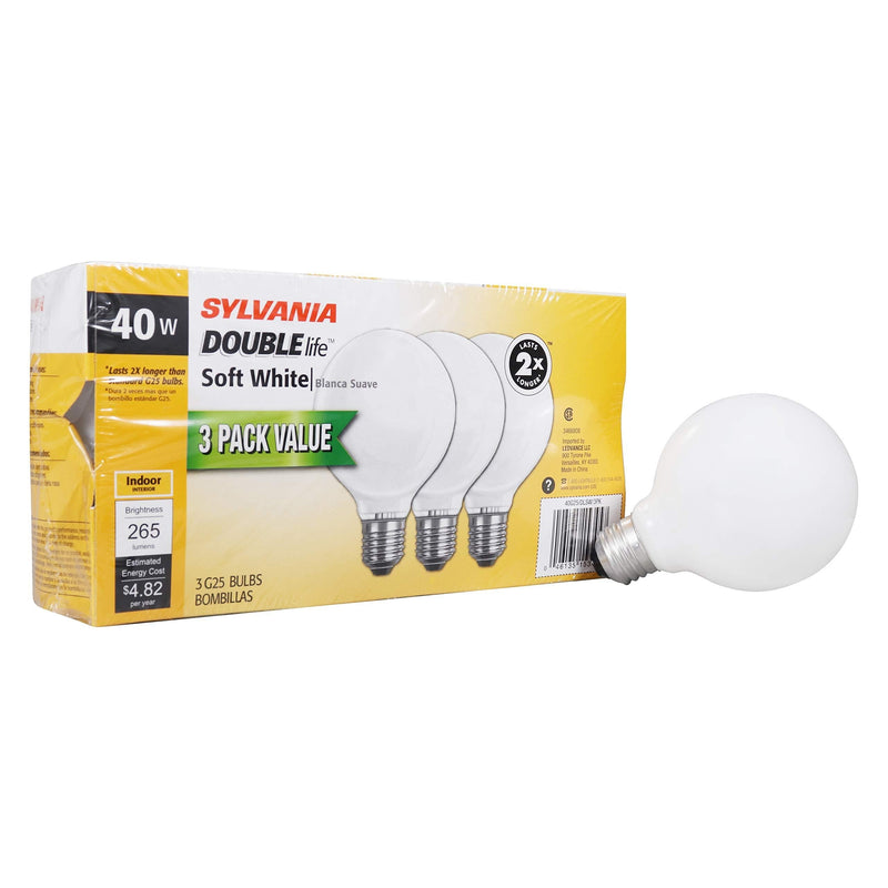 SYLVANIA Home Lighting 15345 Incandescent Bulb, G25-40W, Soft White Finish, Medium Base, Pack of 3 3 Pack