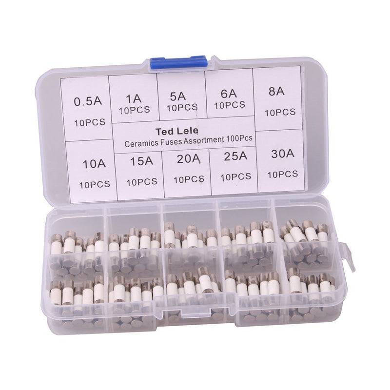 100pcs Quick Blow Ceramic Tube Fuse Assorted Kit Amp 250V 0.5A, 1A, 5A, 6A, 8A, 10A, 15A, 20A, 25A, 30A, 5x20mm Ted Lele (Ceramic Fuse 5x20mm)