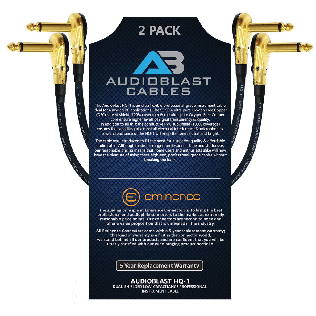 [AUSTRALIA] - 2 Units - 11 Inch - Audioblast HQ-1 - Ultra Flexible - Dual Shielded (100%) - Instrument Effects Pedal Patch Cable w/Low-Profile, R/A Gold Pancake TS (6.35mm) Plugs & Dual Staggered Boots 