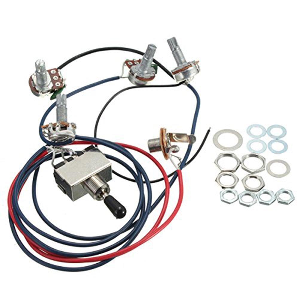LP Electric Guitar Wiring Harness Kit Replacement, 2T2V 3 Way Toggle Switch 500K Pots&Jack for Dual Humbucker Gibson Les Pual Style Guitar, Black Tip Black Cap
