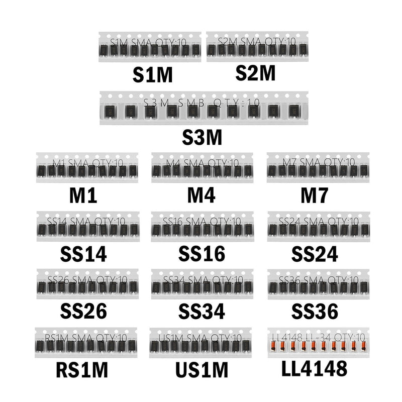 Chanzon SMD Fast Switching/Schottky/Rectifier Diode Assorted Kit (15 Values Total 150pcs: M1 M4 M7 S1M S2M S3M SS14 SS16 SS24 SS26 SS34 SS36 RS1M US1M LL4148) Electronic Component Assortment Set