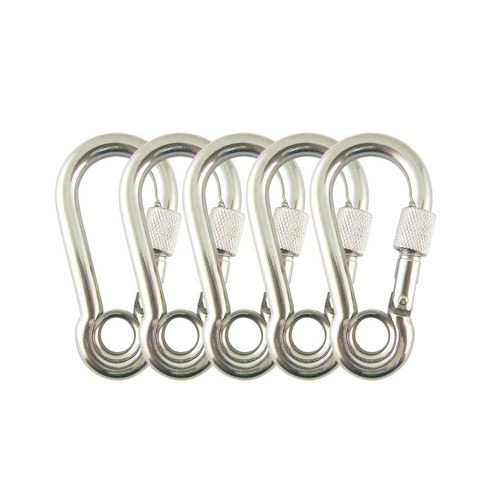PROTEUS Stainless Steel Spring Snap Hook, Link, Hook, Clip, Carabiner with Eyelet and Screw Lock, Pack of 5 2" (5CM)