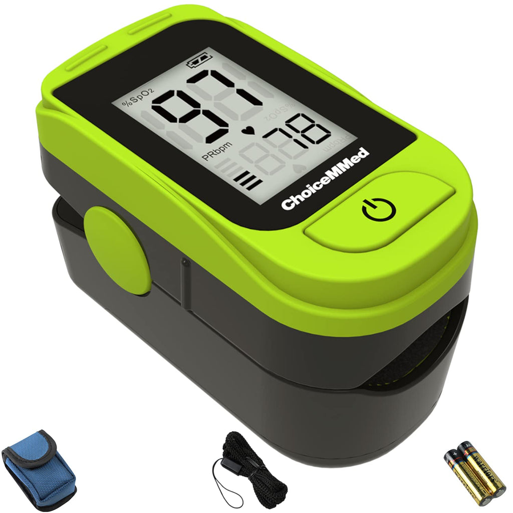 ChoiceMMed Light Green Finger Pulse Oximeter - Blood Oxygen Saturation Monitor - SPO2 Pulse Oximeter - Portable Oxygen Sensor Included Batteries - O2 Saturation Monitor Carry Pouch