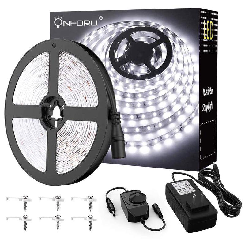 Onforu 16.4ft LED Strip Light, 6000K Daylight White Dimmable Tape Light, 5m 12v Ribbon Light, 2835 LEDs Flexible Vanity Mirror Light for Home, Kitchen, Under Cabinet, Bedroom, Non-Waterproof