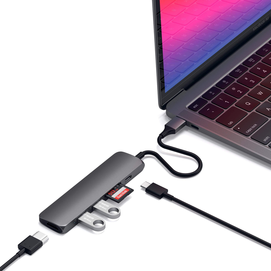 Satechi Slim Aluminum Type-C Multi-Port Adapter V2 with USB-C PD, 4K HDMI (30Hz), Micro/SD Card Readers, USB 3.0 - Compatible with 2020 MacBook Pro, 2020 iPad Pro (Space Gray) Space Gray