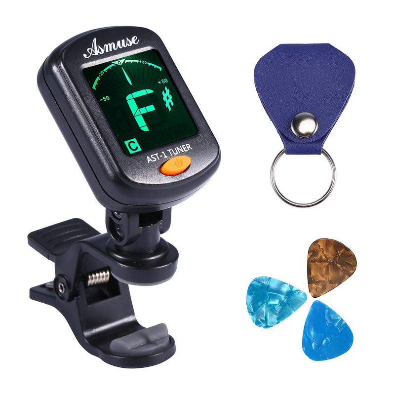 Asmuse Clip On Tuner Rotatable with Free PU Pick Holder and 3 Pcs Alice Guitar Picks for All Instruments with Guitar, Bass, Violin, Ukulele & Chromatic Tuning Modes Large LCD Display for Guitar Tuner