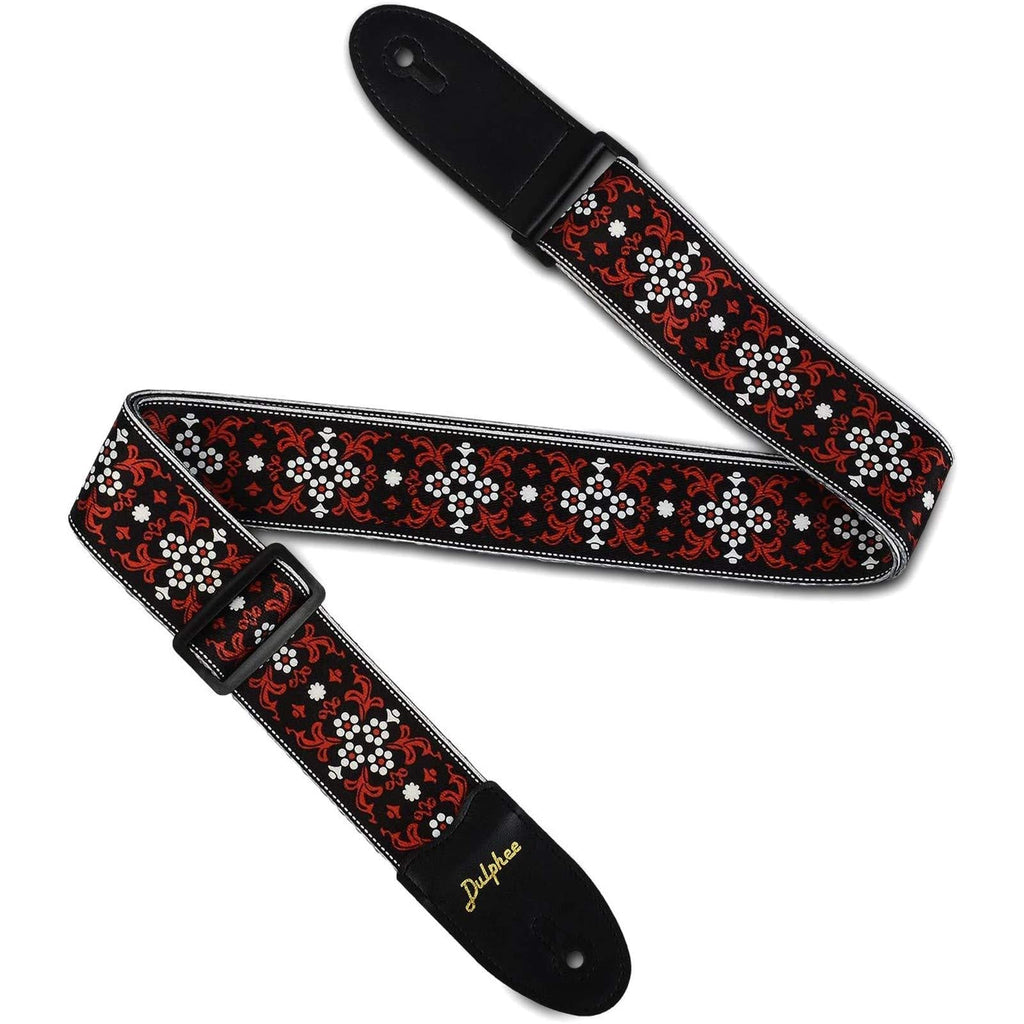 Dulphee Guitar Strap Vintage Printed Adjustable Polyester Shoulder Strap - Suitable for Bass, Electric & Acoustic Guitars Black Red