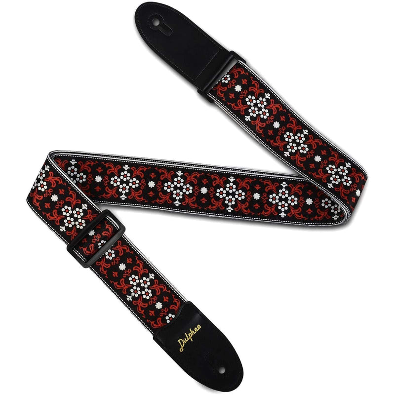 Dulphee Guitar Strap Vintage Printed Adjustable Polyester Shoulder Strap - Suitable for Bass, Electric & Acoustic Guitars Black Red