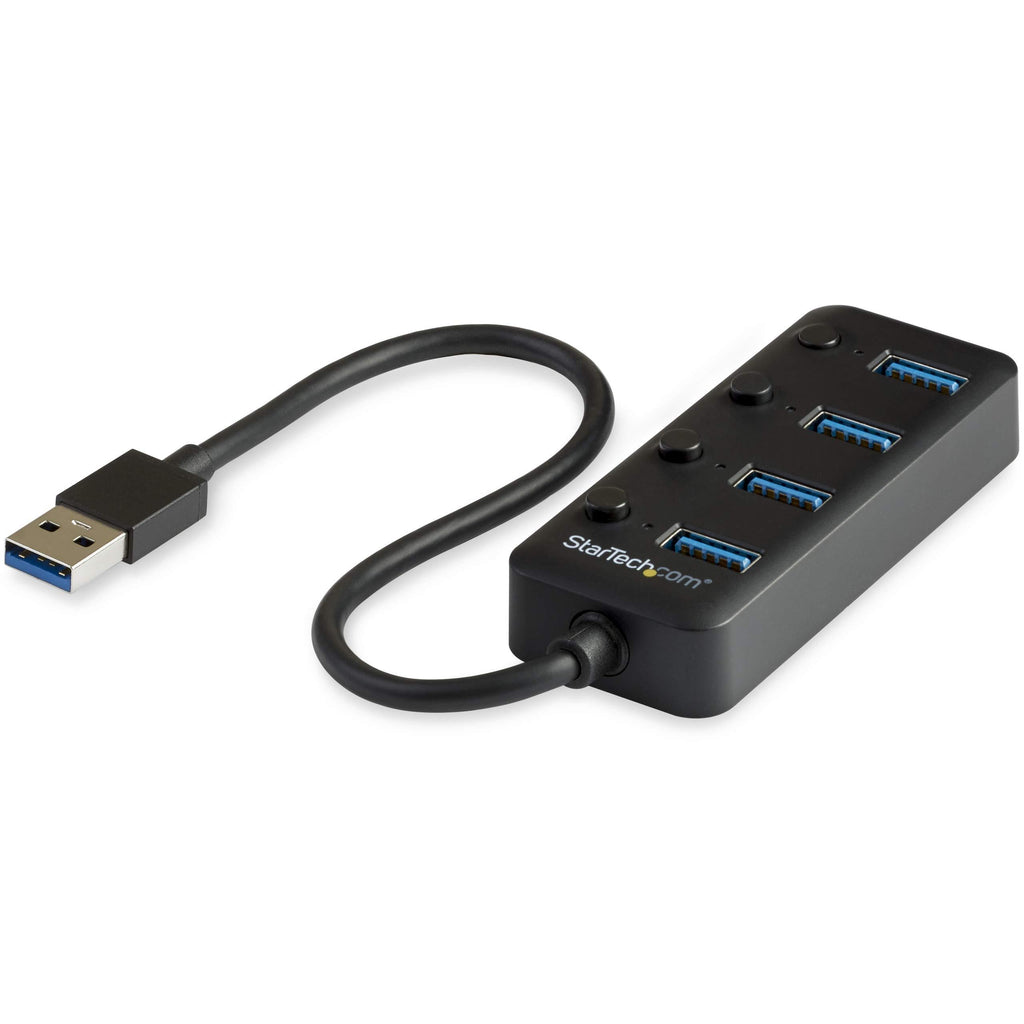 StarTech.com 4 Port USB 3.0 Hub - USB-A to 4x USB 3.0 Type-A with Individual On/Off Port Switches - SuperSpeed 5Gbps USB 3.1/3.2 Gen 1 - USB Bus Powered - Portable - 9.8" Attached Cable (HB30A4AIB)