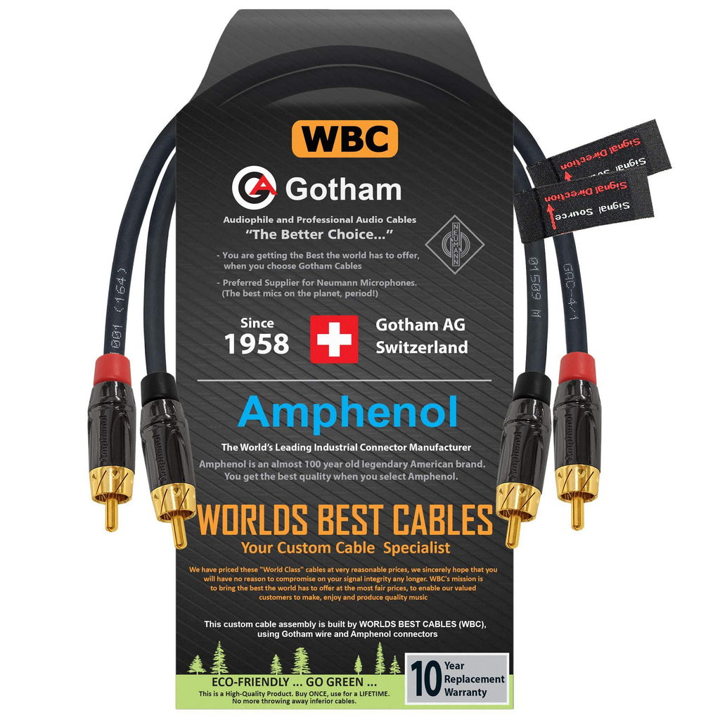 0.5 Foot RCA Cable Pair - Gotham GAC-4/1 (Black) Star-Quad Audio Interconnect Cable with Amphenol ACPL Black Chrome Body, Gold Plated RCA Connectors - Directional