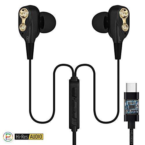 [AUSTRALIA] - USB C Headphone, Type C Dual Dynamic Drivers in-Ear Earbud Headset with Mic Volume Control, Strong Bass & Noise Cancelling Earphone for Pixel 2/ Moto Z/HTC U/Huawei P9 and All USB C Devices (Black) Black 