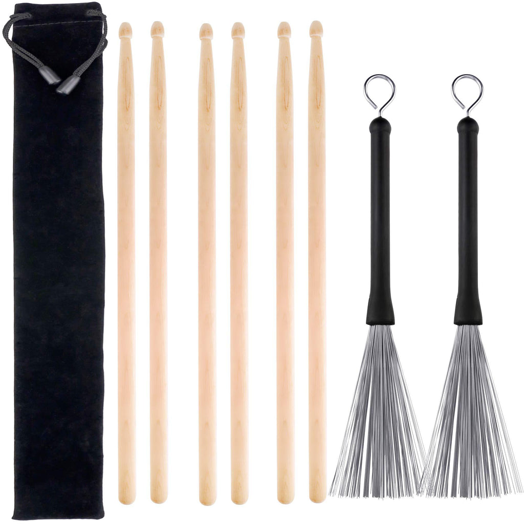 3 Pairs 5A Hard Maple Wood Drum Sticks and 1 Pair Retractable Drum Wire Brushes with a Storage Bag