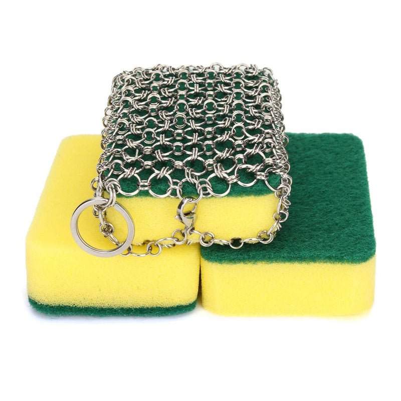 NKTM Stainless Steel Cast Iron Cleaner Chainmail Scrubber with 3pcs Sponges for Cast Iron Pan Skillet Dutch Ovens Waffle Iron Pans Scraper Cast Iron Grill Scraper 3