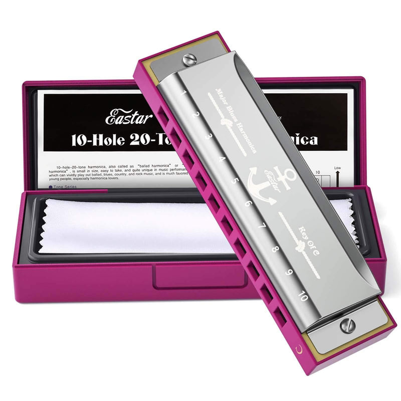 Eastar Major Blues Diatonic Harmonica, 10 Holes C Key Beginner Harmonica for Kids Children Adults Students, with Hard Case and Cloth, Pink