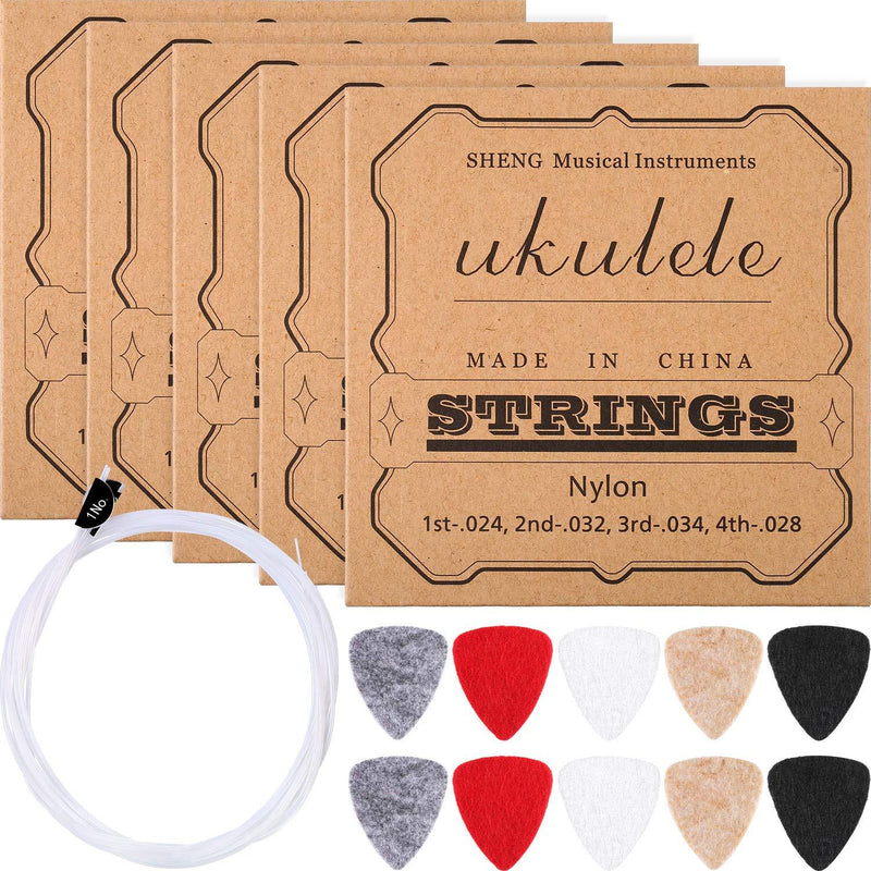 Nylon Ukulele Strings with Felt Ukulele Picks for Soprano (21 Inch)/ Concert (23 Inch)/ Tenor (26 Inch) Ukulele (5 Sets String, 10 Felt Picks)