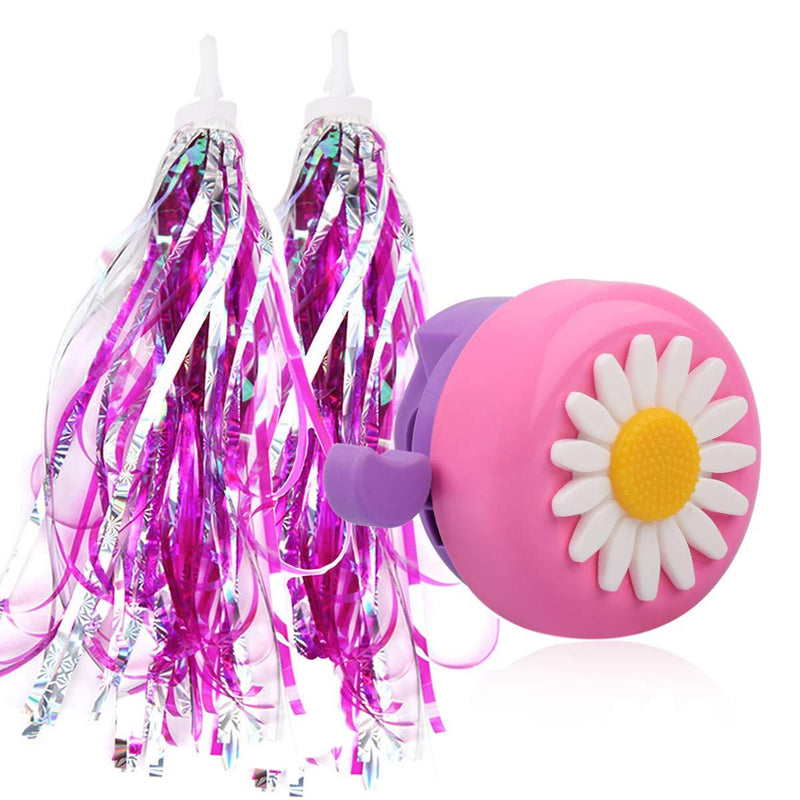 U-LIAN Kids Purple Streamers and Bike Bell for Girls-1 Pack Flower Bicycle Bell with 2 Pack Handlebar Streamers Scooter Tassels for Children's Bike Accessories A-Pink Bell+Shiny Pink Tassels