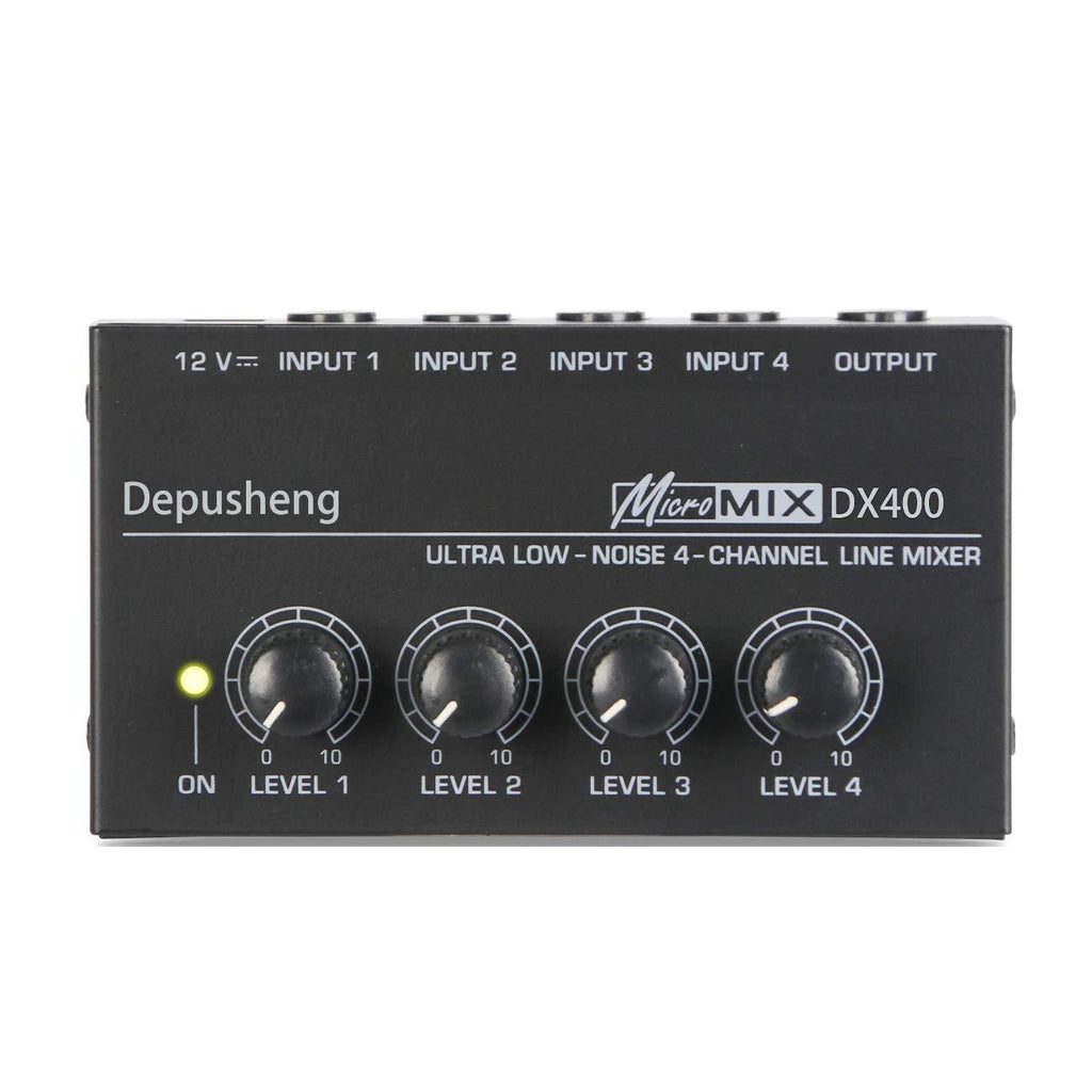 [AUSTRALIA] - Depusheng DX400 4 Channels Mixer Mixing Console Ultra Compact Low Noise Line Mono Audio Mixer with Power Adapter Black 
