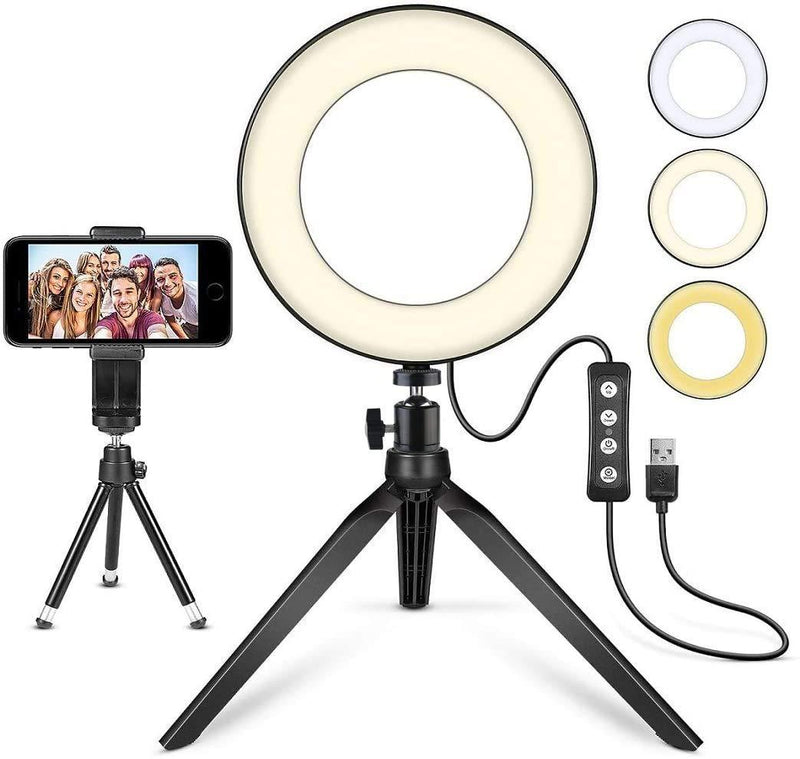LED Ring Light 6" with Tripod Stand for YouTube Video and Makeup, Mini LED Camera Light with Cell Phone Holder Desktop LED Lamp with 3 Light Modes & 11 Brightness Level (6")