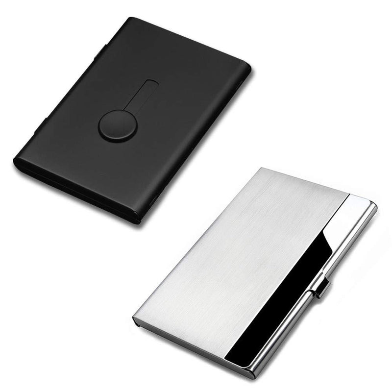 2 Pcs Business Card Holders, SENHAI Professional Thumb-Drive Slide Out Business Card Case and Stainless Steel ID Name Wallet Credit Card Holder for Men and Women - Black