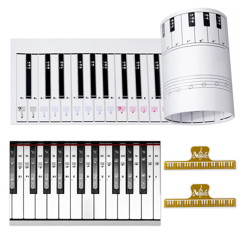 Ultimate Piano Keyboard Learning Aid Set - 1:1 Scale 88 Keys Practice Cardboard Piano Note Chart Guide, Transparent Piano Stickers for 54/61 / 88 Key Keyboards, 2 Music Book Clip