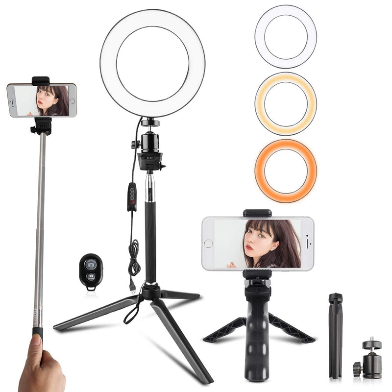 Travor 6-inch Dimmable LED Selfie Ring Light with Adjustable Stand with Remote Control, 3 Modes and 11-Level Brightness for YouTube Makeup Photography Shooting 6inch