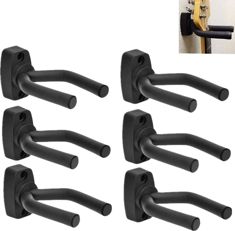 Guitar Wall Mount Hanger 6 Pack, Guitar Hanger Wall Hook Holder Stand Black Display with Screws - Easy To Install - Fits All Size Guitars, Bass, Mandolin, Banjo, Ukulele Black 6 Pack