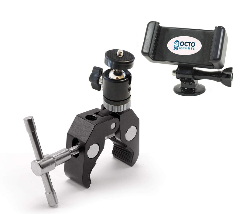 Title: OCTO MOUNTS Crab Clamp Mount with ¼’ and 3/8” Thread Hole and Ball Head, GoPro Adapter and Cellphone Holder for DSLR, GoPro, Smartphone, Camcorder, Tripod, Monitor, LED or Video Light