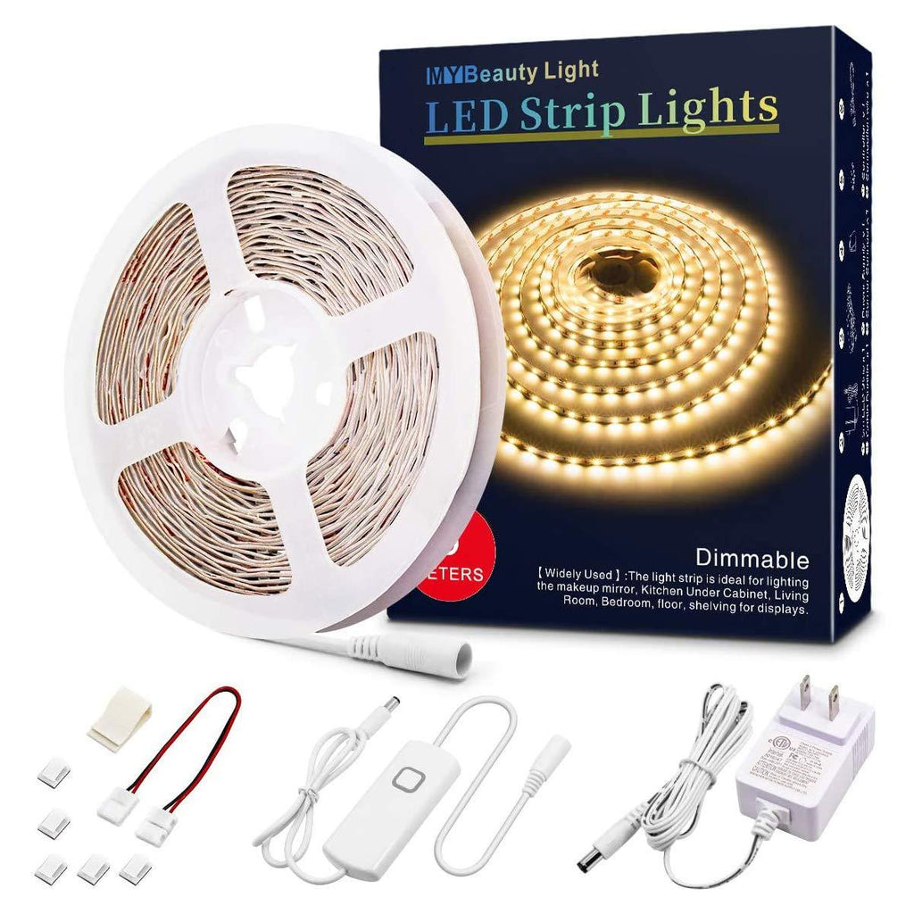 Led Strip Lights 16.4 Feet Dimmable Warm White Led Light Strip Flexible Led Rope Lights 12v Under Cabinet Lighting Kits with UL Power Supply, Adhesive Clips, Dimmer Switch and Connectors 16.4FT