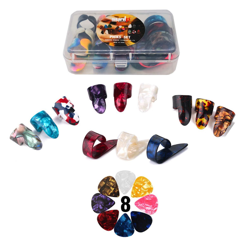 Thumb Finger Picks Plectrum With Plastic Picks Case, 1 Dozen (3 Pairs) SUNLP Celluloid Guitar thumb finger picks Mandolin Banjo thumb finger picks and Free 8pcs 0.46mm Guitar Picks (Mix Color) Thumb & Finger Picks