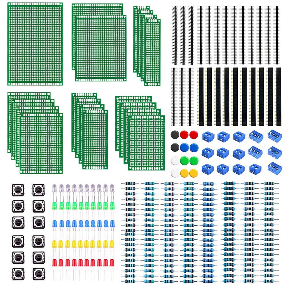 WayinTop PCB Board Kit, Double Sided Prototype Boards 6 Sizes 40 Pin 2.54mm Male/Female Header Connector 2/3Pin Screw Terminal Blocks and Resistor 10-1M Ohm 5mm Led Diodes Tactile Cap Switch