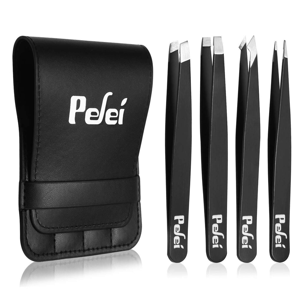 Tweezers Set - Professional Stainless Steel Tweezers for Eyebrows - Great Precision for Facial Hair, Splinter and Ingrown Hair Removal (Black)