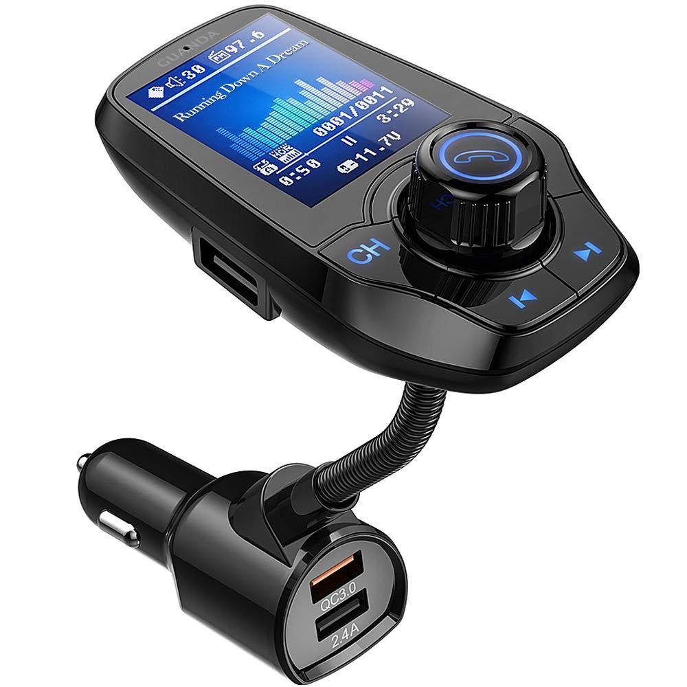 Guanda Bluetooth FM Transmitter for Car, Bluetooth Car Adapter, 4-in-1 Car MP3 Player with 1.8 Inch Color Display, AUX Input/Output, 3 Port USB, S Handsfree Call, SD/TF Card, USB Disk,QC3.0,5 EQ Modes Large Port-USB A Black