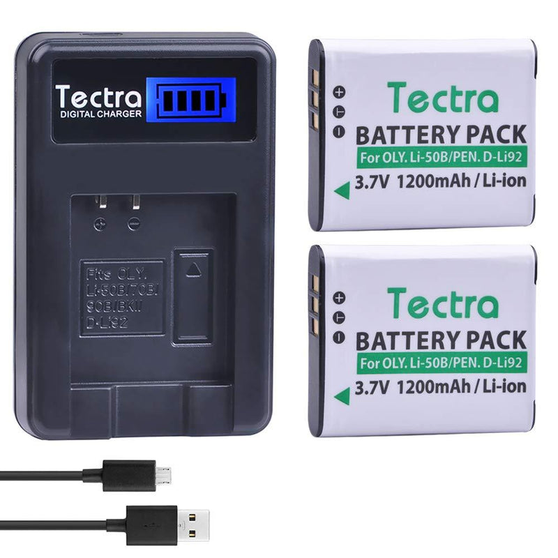 Tectra 2Pcs Battery + Smart LCD USB Charger for Olympus Li-50B,Pentax D-LI92 and Olympus SZ-15, SZ-16 iHS,SP-800UZ, SP-810UZ, Tough 6000,TG-630 iHS,TG-820 iHS,TG-830 iHS,TG-850, TG-870,VR-370,VR-340