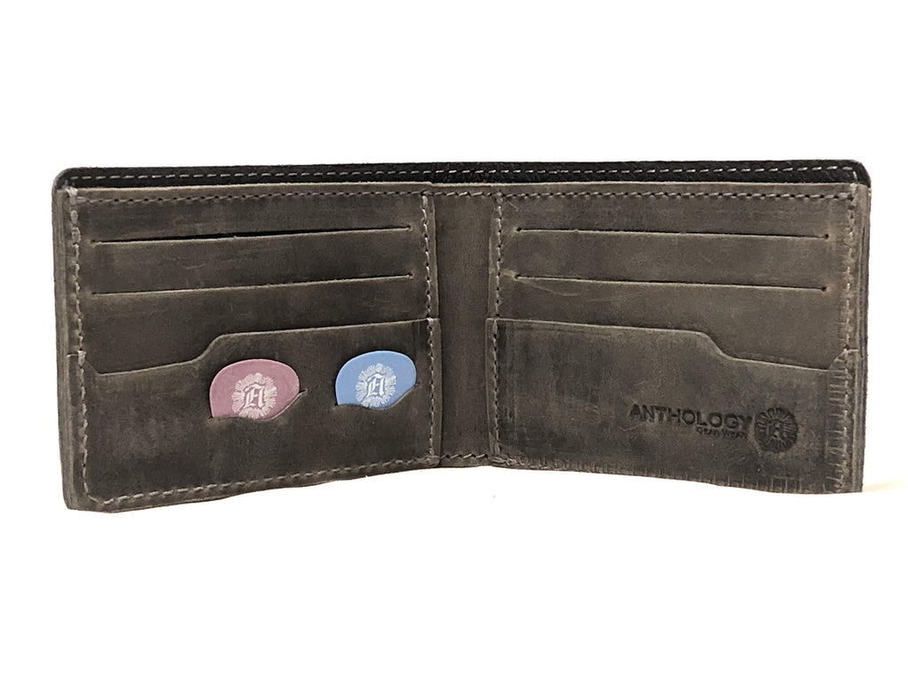 Minimalist Bi-fold Leather Wallet - with Guitar Pick Holder Full Grain Leather by Anthology Gear (Aged Steel) Aged Steel