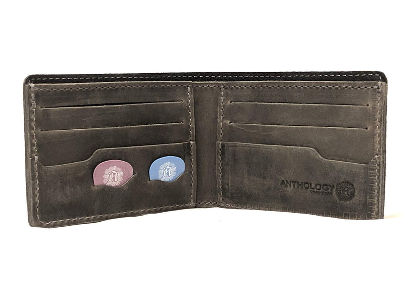 Minimalist Bi-fold Leather Wallet - with Guitar Pick Holder Full Grain Leather by Anthology Gear (Aged Steel) Aged Steel