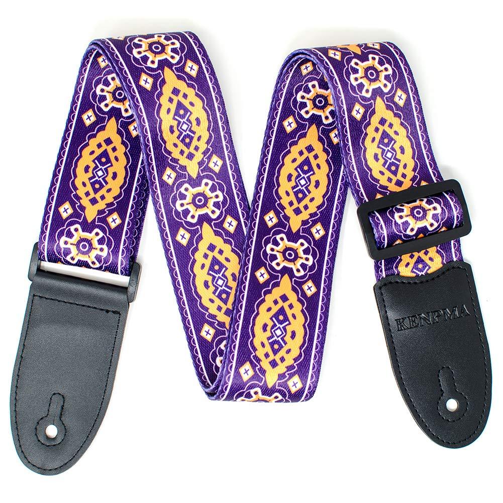 KENPMA 2" Polyester Guitar Strap Retro Vintage Classical Printing Straps with Leather Ends for Acoustic Electric Bass Guitar Orange/Purple