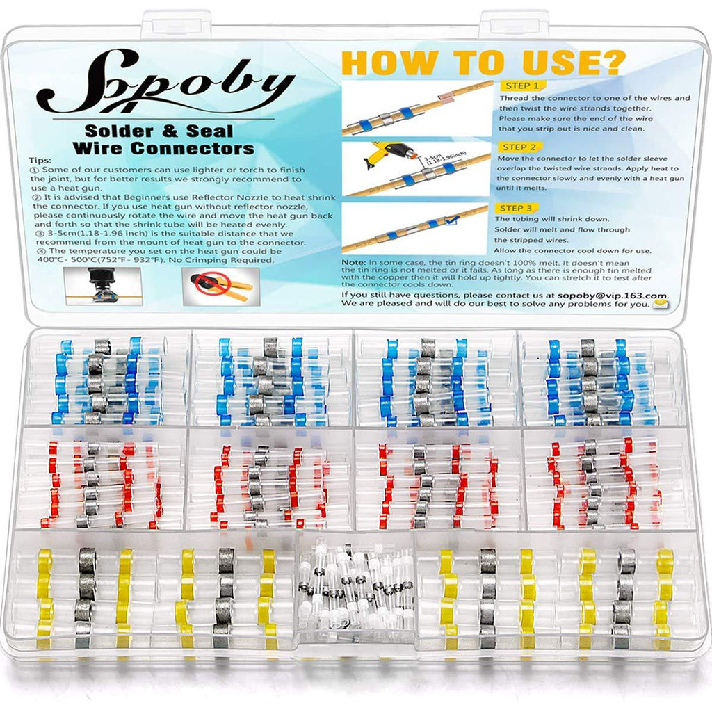 120PCS Solder Seal Wire Connectors - Sopoby Heat Shrink Solder Connectors - Waterproof Solder Butt Connector Kit Insulated Automotive Marine Electrical Wire Terminals 120PCS